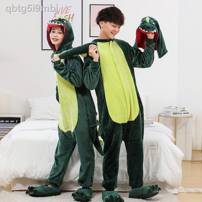 ❈ (Giá Hủy Diệt)Bộ đồ ngủ một mảnh hoạt hình khủng long dành cho phụ nữ và nam giới vải nỉ dày mùa thu đông người lớn yê