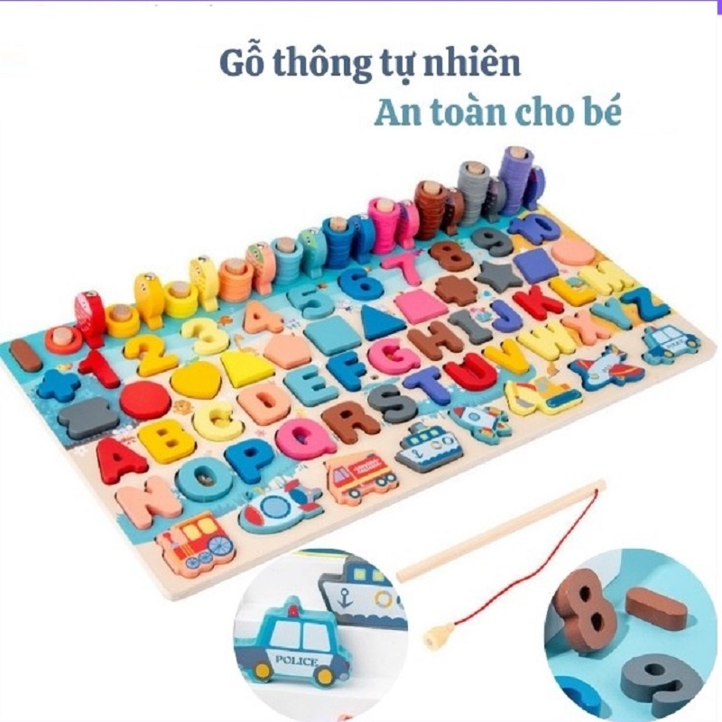 Bộ Bảng Gỗ Câu Cá Ghép Hình Học Chữ Số Chữa Cái Phương Tiện 134 Chi Tiết Nam Châm Giúp Bé Phát Triển TríThông Minh