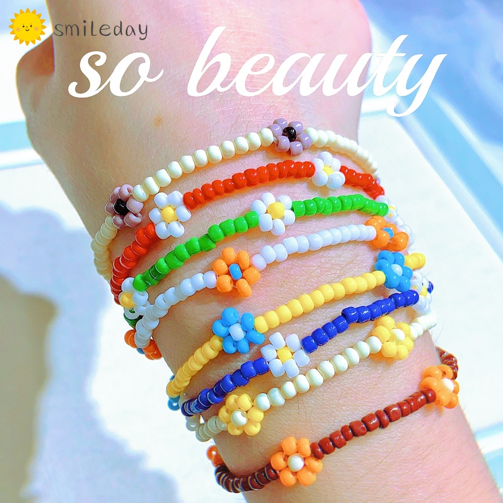 Vòng đeo tay Smileday kiểu chuỗi hạt màu sắc ngọt ngào trang trí hoa cúc xinh xắn cho nam nữ