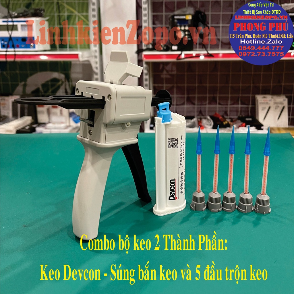 Combo Súng Bắn Keo và Keo 2 Thành Phần Devcon.Tuýp 50ml + 5 Đầu Trộn Keo