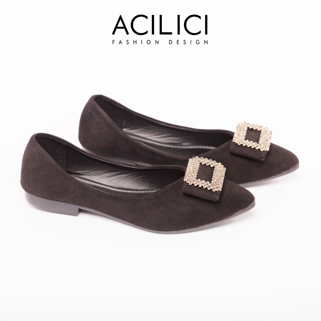 Giày búp bê nữ ACILICI thời trang chất nhung khóa đá , mũi nhọn kiểu dáng thanh lịch gót cao 2cm_TC058 | BigBuy360 - bigbuy360.vn