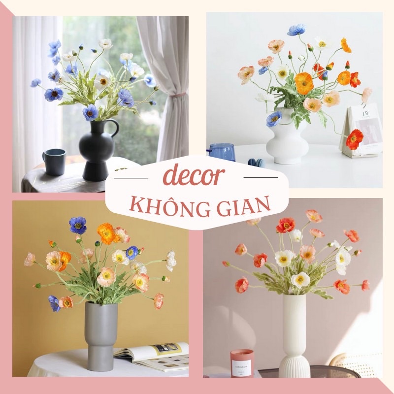 Hoa lụa cao cấp trang trí nhà cửa để bàn hoa giả decor chụp ảnh chùm hoa anh túc MinHome HG1