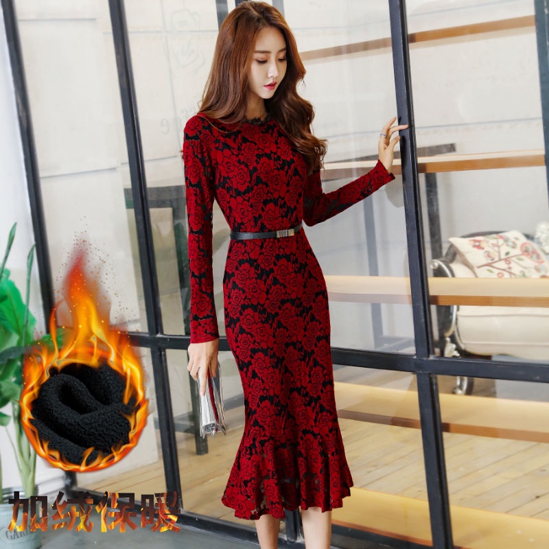 Đầm ren đuôi cá tay dài phong cách Hàn Quốc thời trang xuân thu dành cho nữ 2023