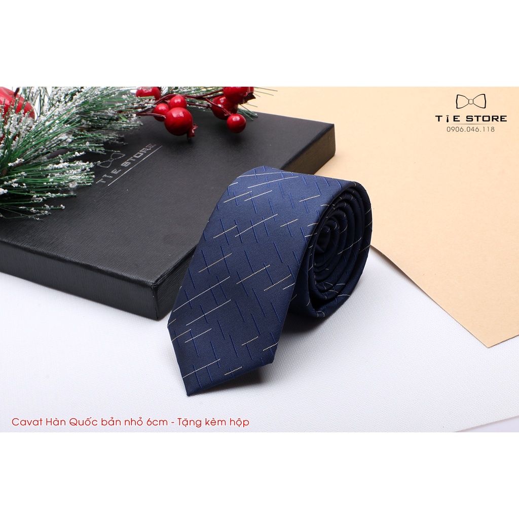 Cà Vạt Nam Bản nhỏ 6cm xanh đen kẻ mưa - Cavat Hàn Quốc Cao Cấp Full box