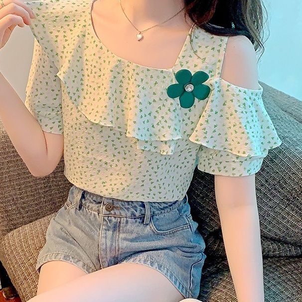 Áo Sơ Mi Chiffon Tay Ngắn Phối Bèo Thời Trang Mùa Hè Dành Cho Nữ