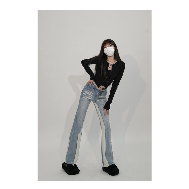 Quần jeans loe cạp thấp màu tương phản thời trang phong cách Mỹ cho nữ