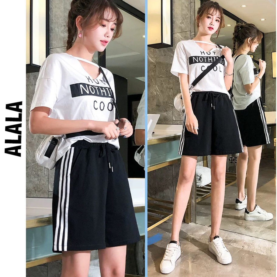 Quần Đùi Sọc Viền Trắng Thể thao ALALA Ống Rộng Chất Cotton da cá