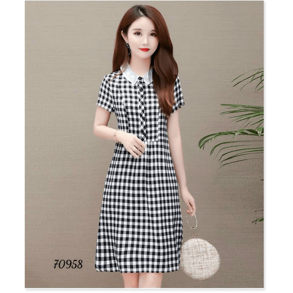 ĐẦM SUÔNG NỮ SỌC CARO PHỐI CỔ SƠ MI PHONG CÁCH CÔNG SỞ LỊCH THIỆP CÓ ĐỦ SIZE S M L XL XXL