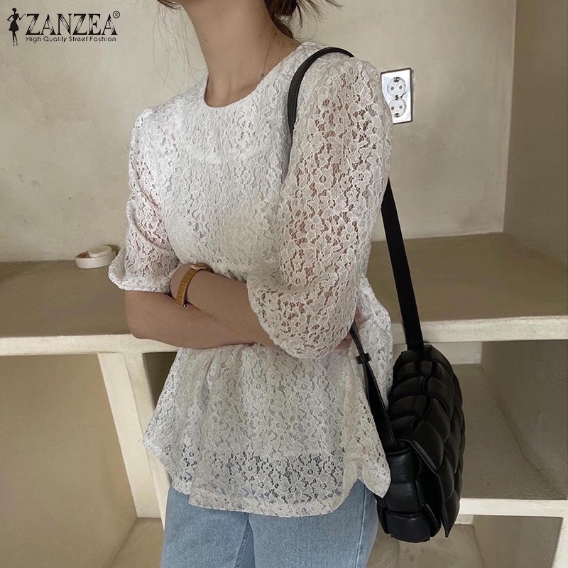 Áo nữ Zanzea tay phồng cổ chữ O phong cách Hàn Quốc thanh lịch