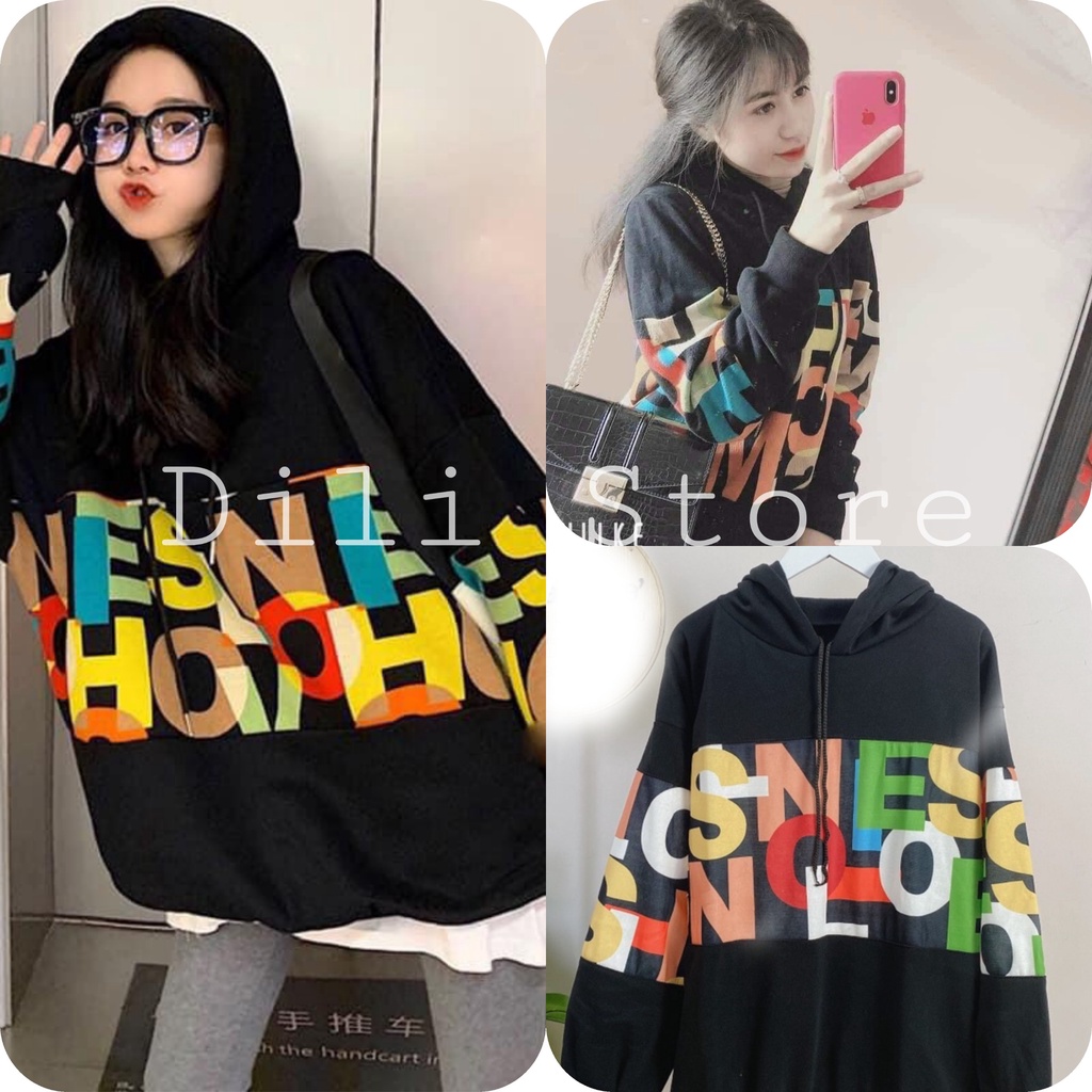 Áo hoddie nữ, áo nỉ sweater nữ in chữ grafiti 🍉áo màu đen có in chữ nhiều màu có mũ chất liệu nỉ bông ấm áp form rộng