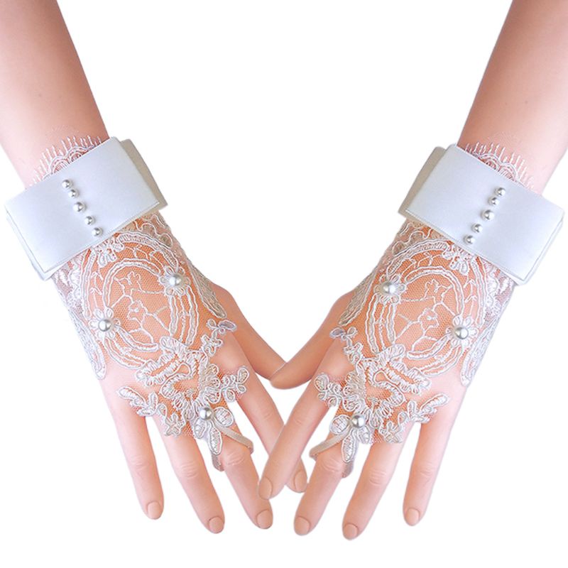 Găng Tay Hở Ngón Cô Dâu Vải Ren Phối Nơ Thời Trang
