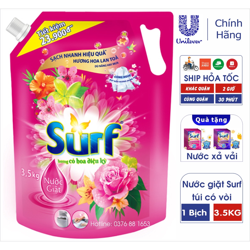 SURF Túi Nước Giặt 3.5kg 3.5 kg Hồng Cỏ Hoa diệu Kỳ có nắp vặn