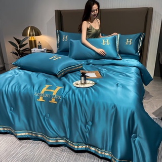 (4 món) bộ chăn hè ga gối phi lụa thêu loại 1