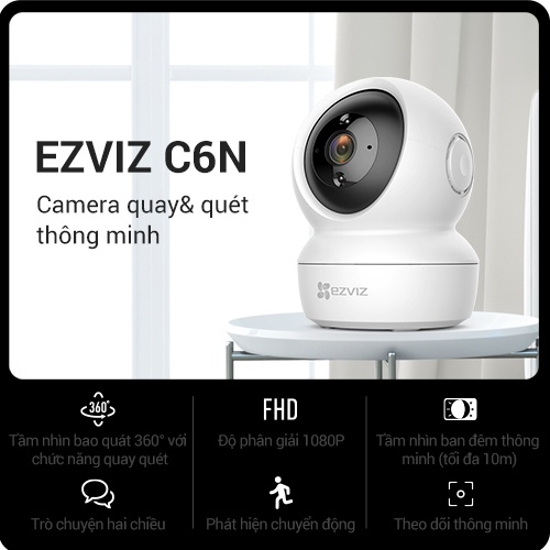 [Mã ELEZ60K giảm 60K đơn 500K] Camera WI-FI EZVIZ C6N 1080P Trong nhà, Quay Quét 360 Độ, Đàm Thoại 2 Chiều