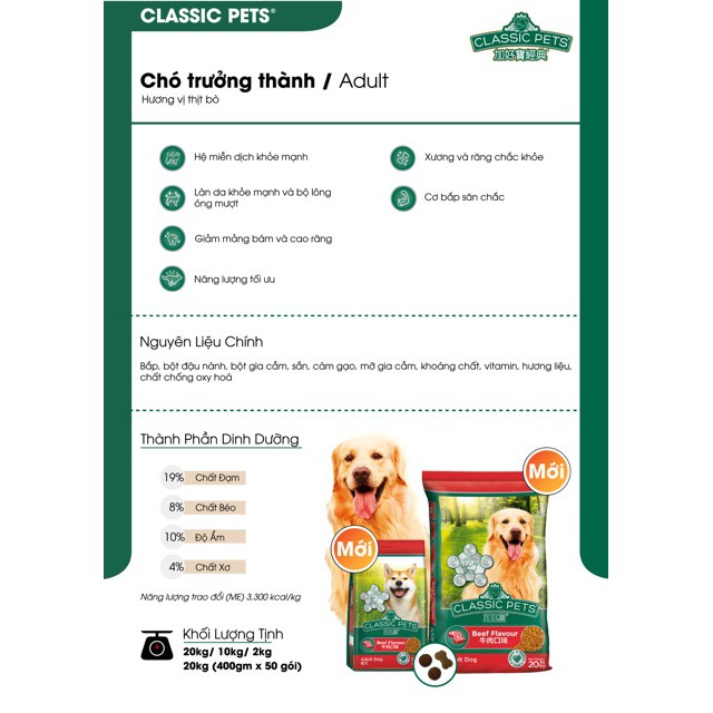 THỨC ĂN HẠT CHO CHÓ TRƯỞNG THÀNH Classic Pets Adult Dog Hương vị Bò Túi 2kg Xuất xứ Thái Lan