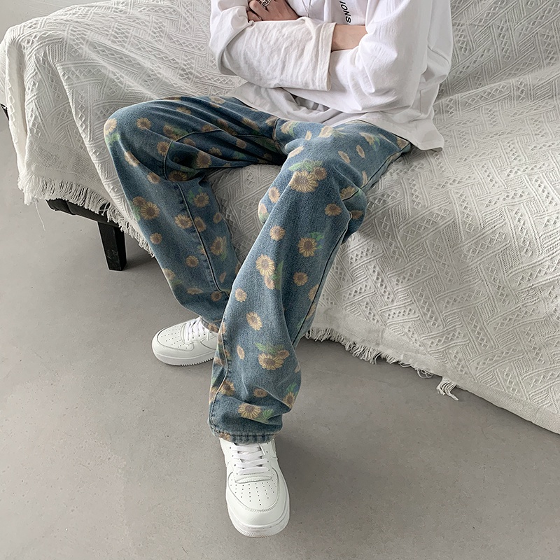 Quần Jeans ống rộng họa tiết hoa cúc phong cách Streetwear, Quần Jeans Oversize Ulzzang siêu chất