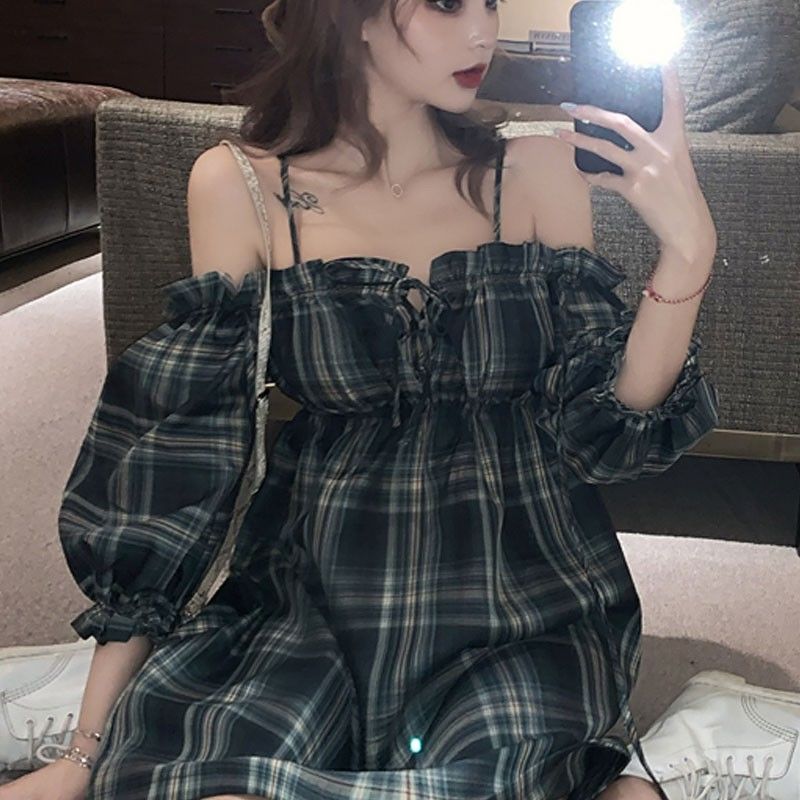 Đầm Caro Trễ Vai Tay Phồng Thời Trang Retro Dành Cho Nữ | BigBuy360 - bigbuy360.vn