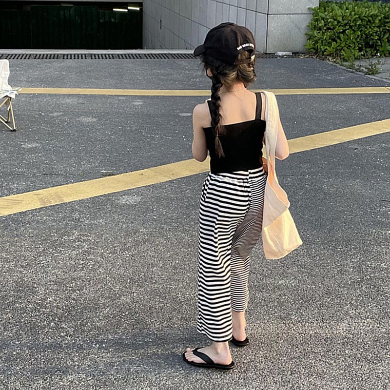 Quần Dài Lưng Thun Dáng Rộng Họa Tiết Kẻ Sọc Thời Trang Mùa Hè Phong Cách Hàn Quốc Cho Bé Gái