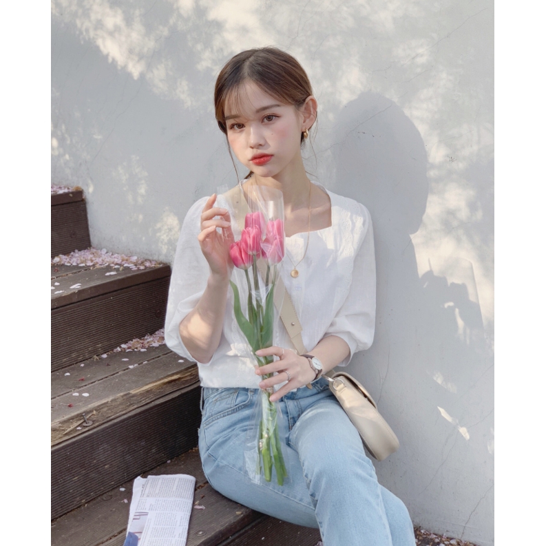 SUXI Áo sơ mi tay ngắn họa tiết thêu theo phong cách Hàn Quốc