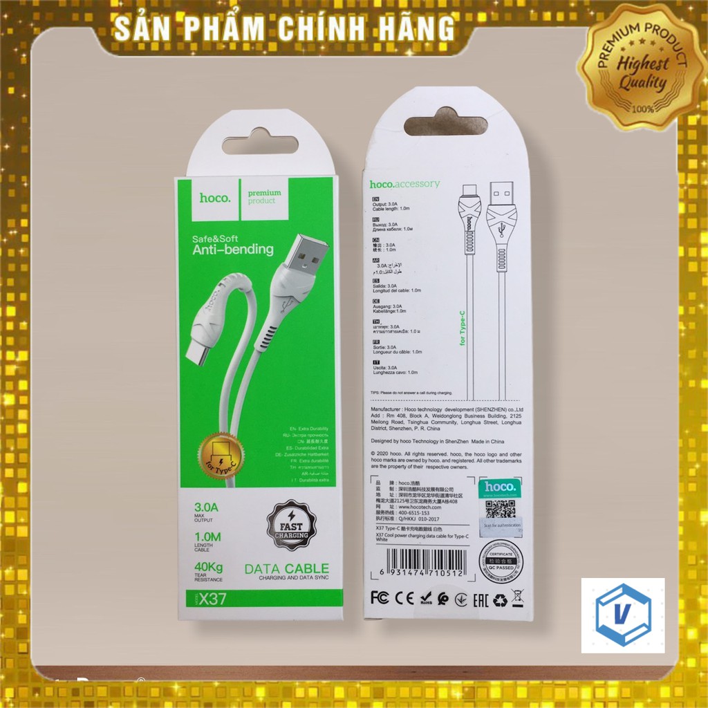 Dây cáp sạc type c sạc nhanh hoco x37 chân type c hàng chính hãng