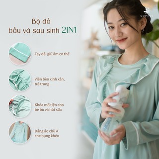 Bộ đồ bầu và sau sinh, pyjama lụa cho con bú bigsize 2IN1, hàng thiết kế MPJ002 - Xanh mint, Cam đồng