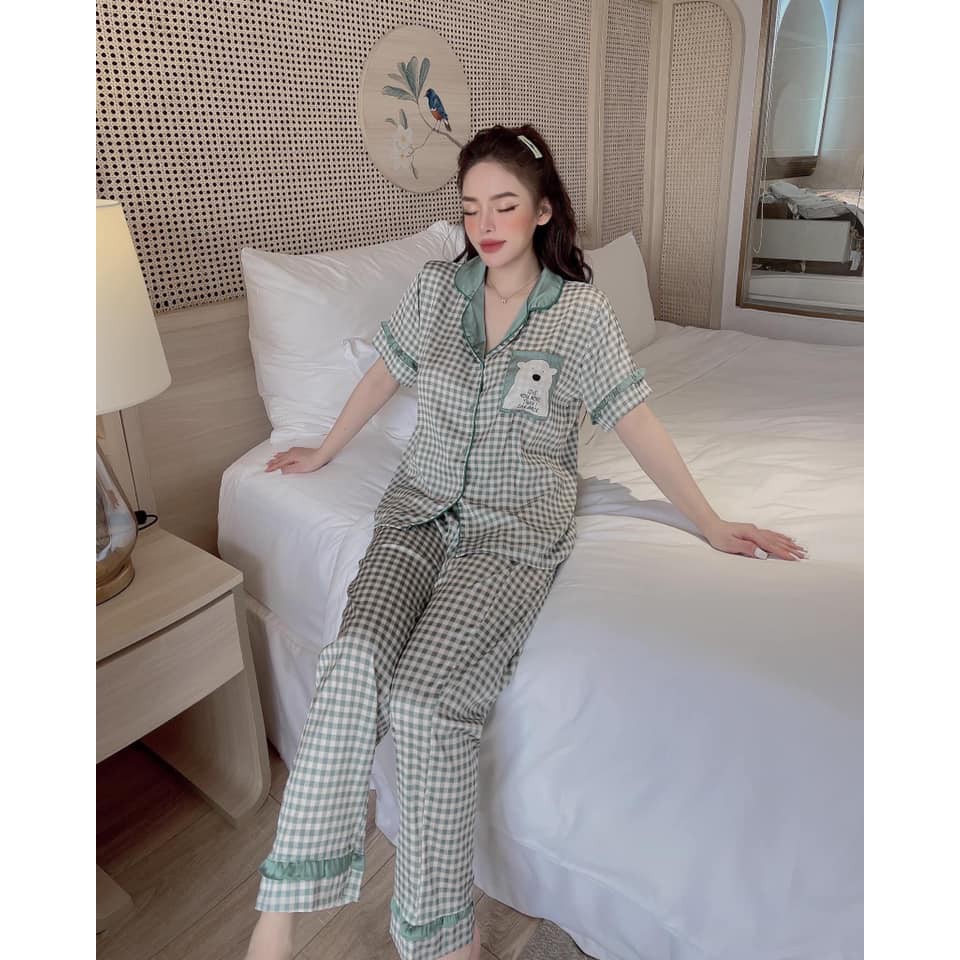 Bộ Ngủ Pijama Lụa LATIN CAO CẤP Kẻ Caro Túi Ngực mặc ở nhà mặc đi chơi oke luôn