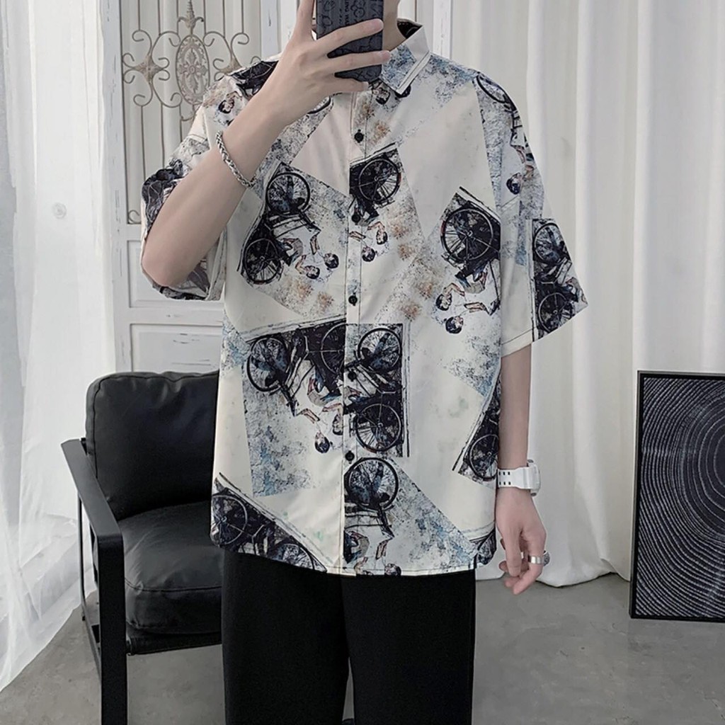 Áo sơ mi nam nữ oversize hình XE ĐẠP 3NBÉ trắng