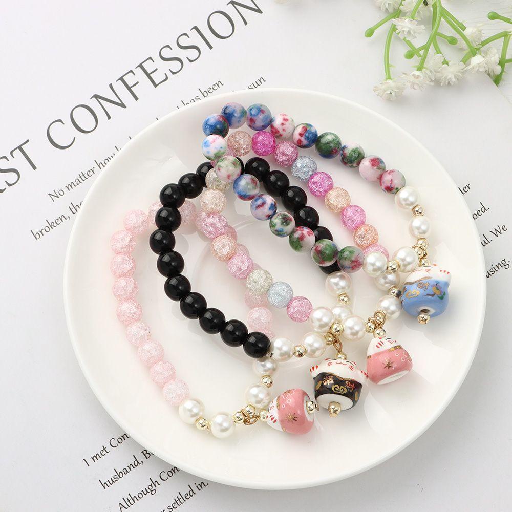 Vòng Tay Chuỗi Hạt Gốm Mặt Hình Mèo May Mắn Phong Cách Nhật Bản Kính