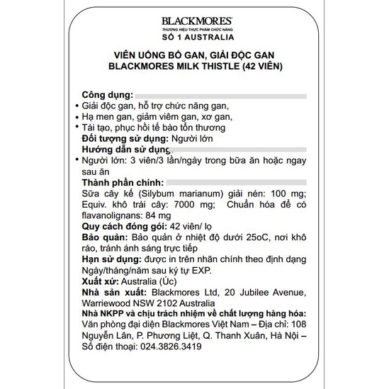 [Chính hãng Úc] Viên uống bổ gan, giải độc tố Milk Thistle Blackmores Úc 42 viên - Date mới