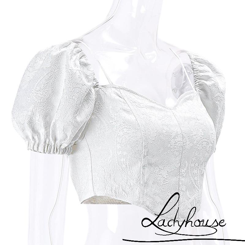 Áo Croptop Tay Phồng Ngắn Cổ Buộc Dây Thời Trang Cho Nữ