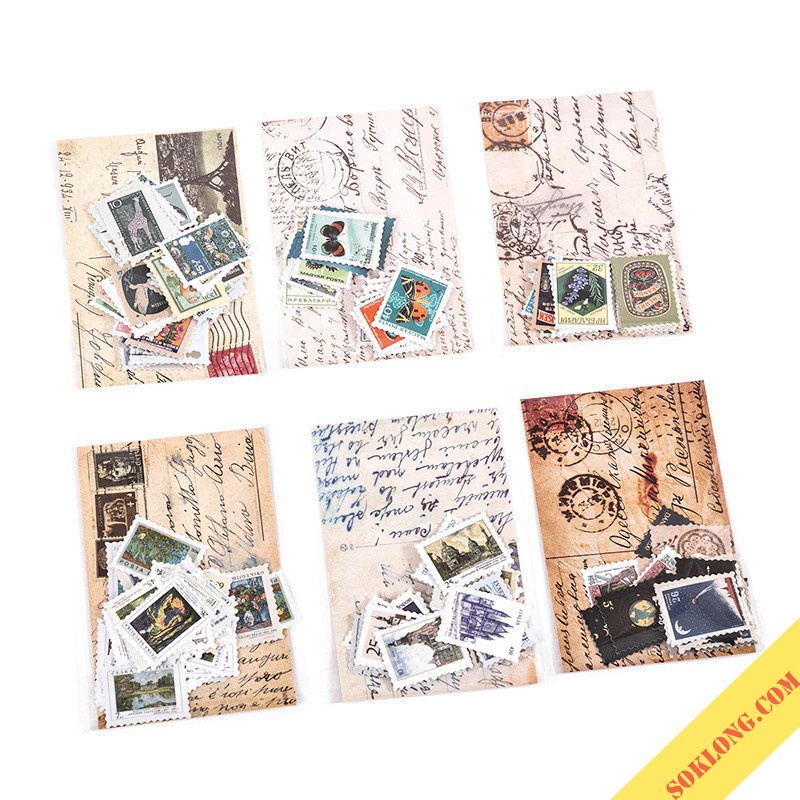 Bộ 46 tem dán Sticker phong cách Retro - Sticker hình tem trang trí sổ Tuệ Minh