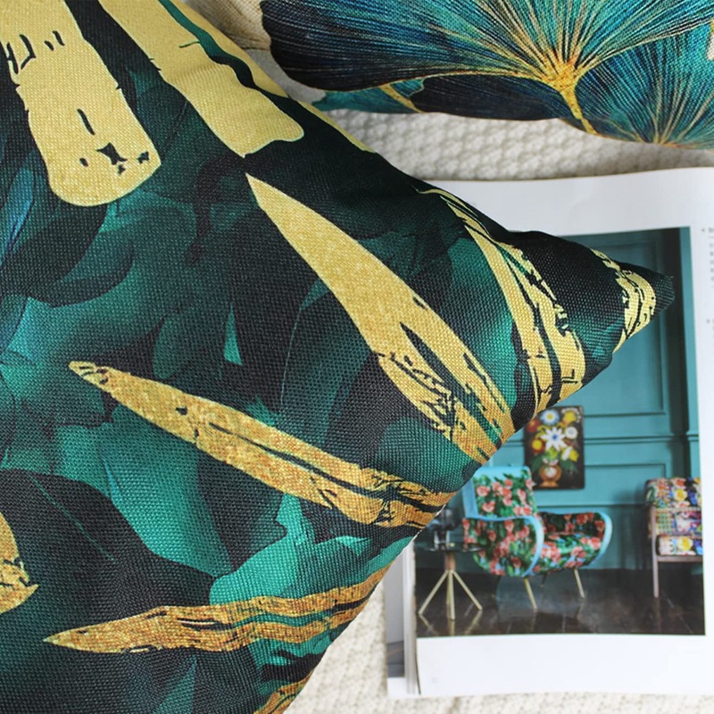 Bộ 4 Vỏ Gối Vuông 45cm x 45cm In Họa Tiết Lá Cây Màu Xanh Và Vàng