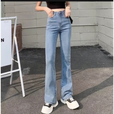 Quần jean ống loe lưng cao màu xanh nhạt vải jean cotton co giãn cao cấp Hàn Quốc