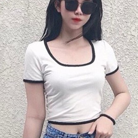 Áo Thun Croptop nữ cổ vuông viền ngắn tay MADELA, Croptop nữ Ngắn Tay Ôm Body- ACTN02