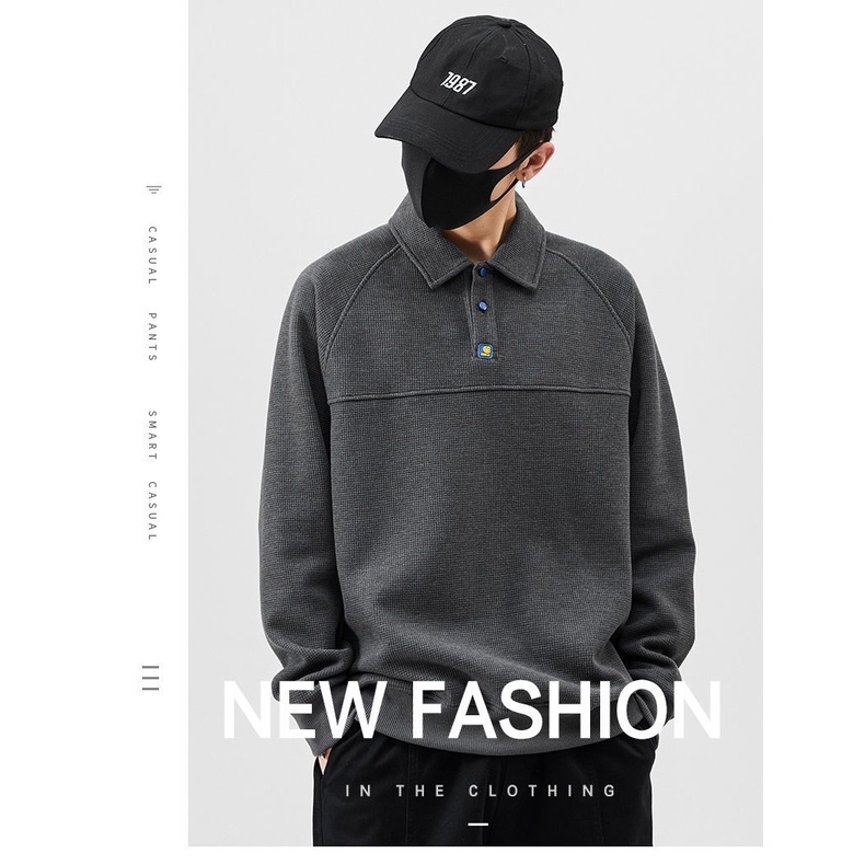 Áo Thun Polo Tay Dài Dáng Rộng Màu Đen Thời Trang Cho Nam
