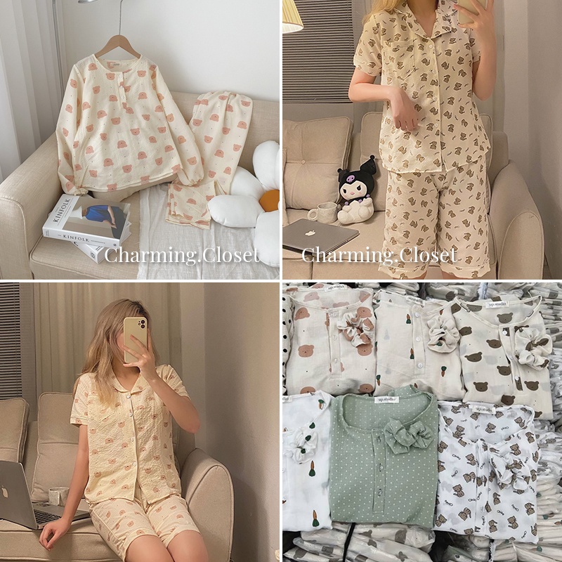 Bộ Mặc Nhà Mát Pyjama Nữ Dài Tay/Cộc Tay Chất Đũi Họa Tiết Đáng Yêu