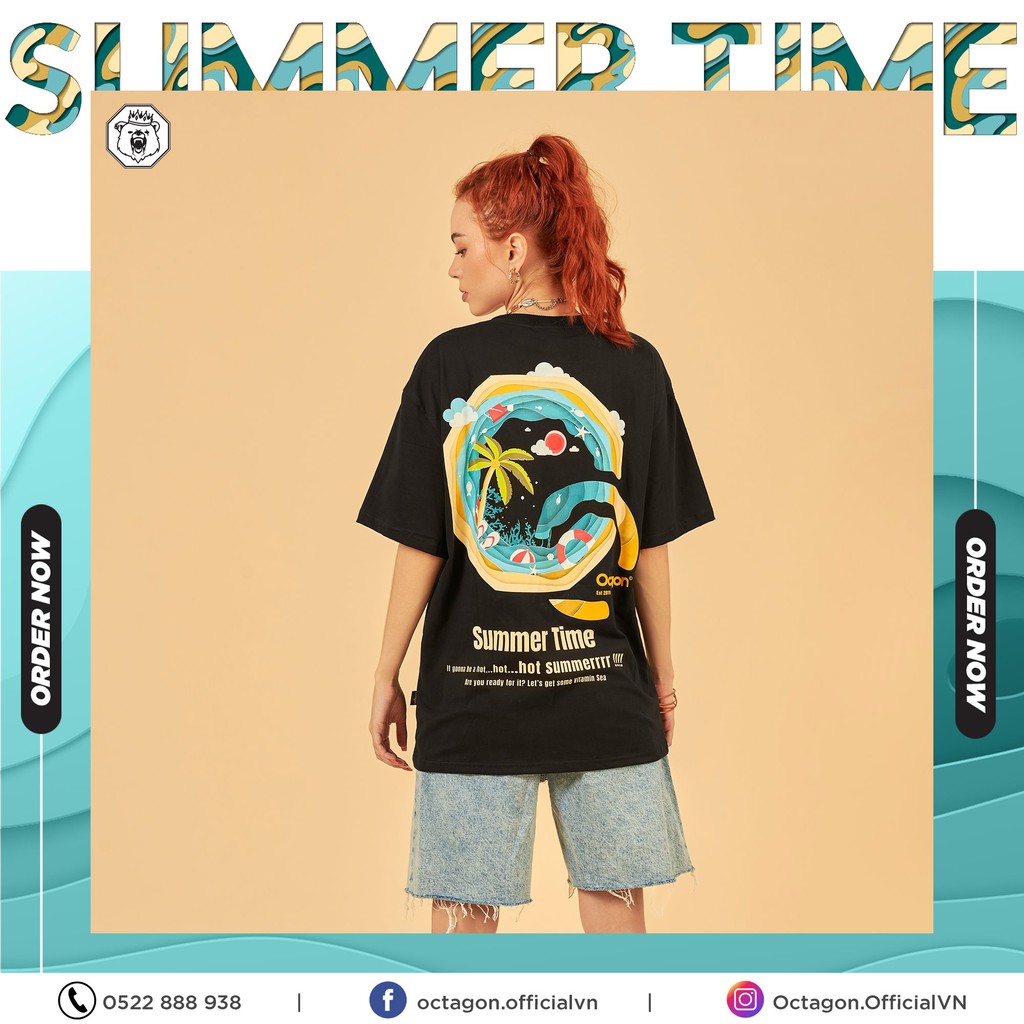 Áo Thun Tay Lỡ OCTAGON SUMMER TIME Màu Đen Phong Cách Hàn Quốc