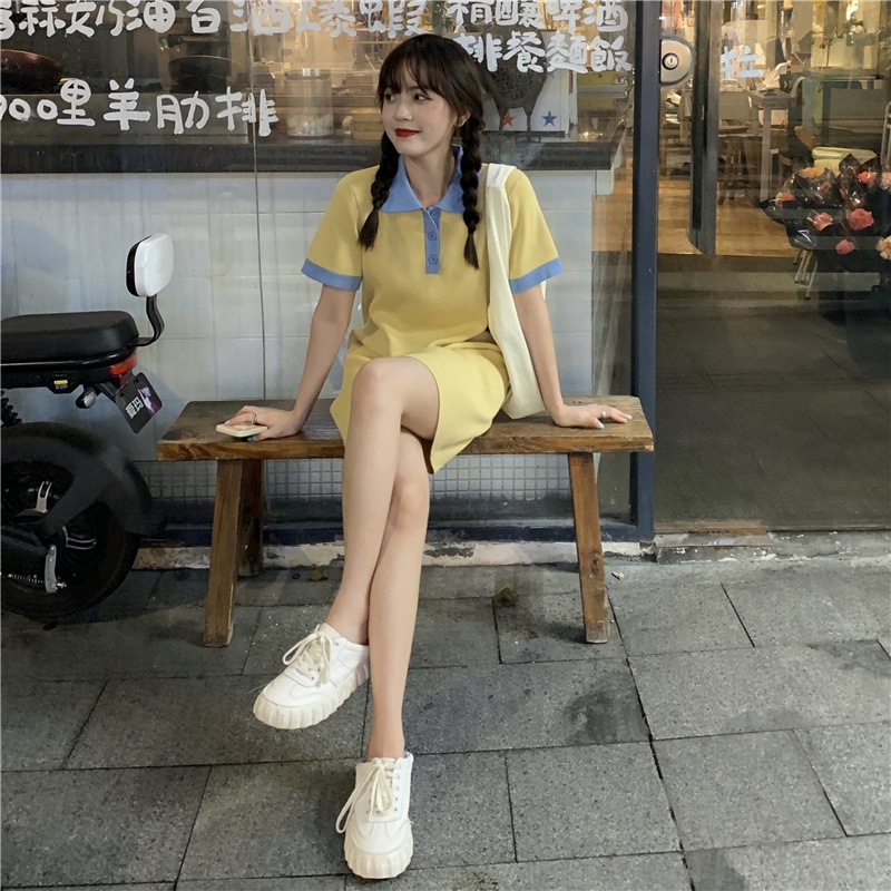 【ZHELIHANGFEI】Đầm Thun Đen Dệt Kim Cổ Bẻ Chiết Eo Thiết Kế Cỡ Nhỏ Thời Trang Trẻ Trung