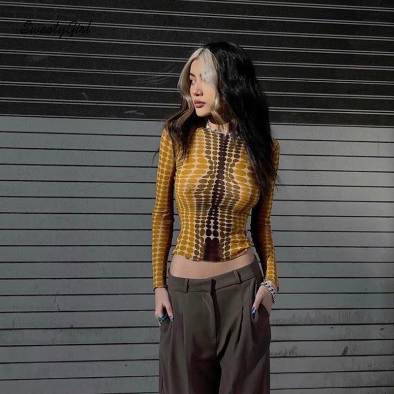 Áo croptop tay dài cổ tròn dáng ôm in họa tiết hình học thời trang cho nữ