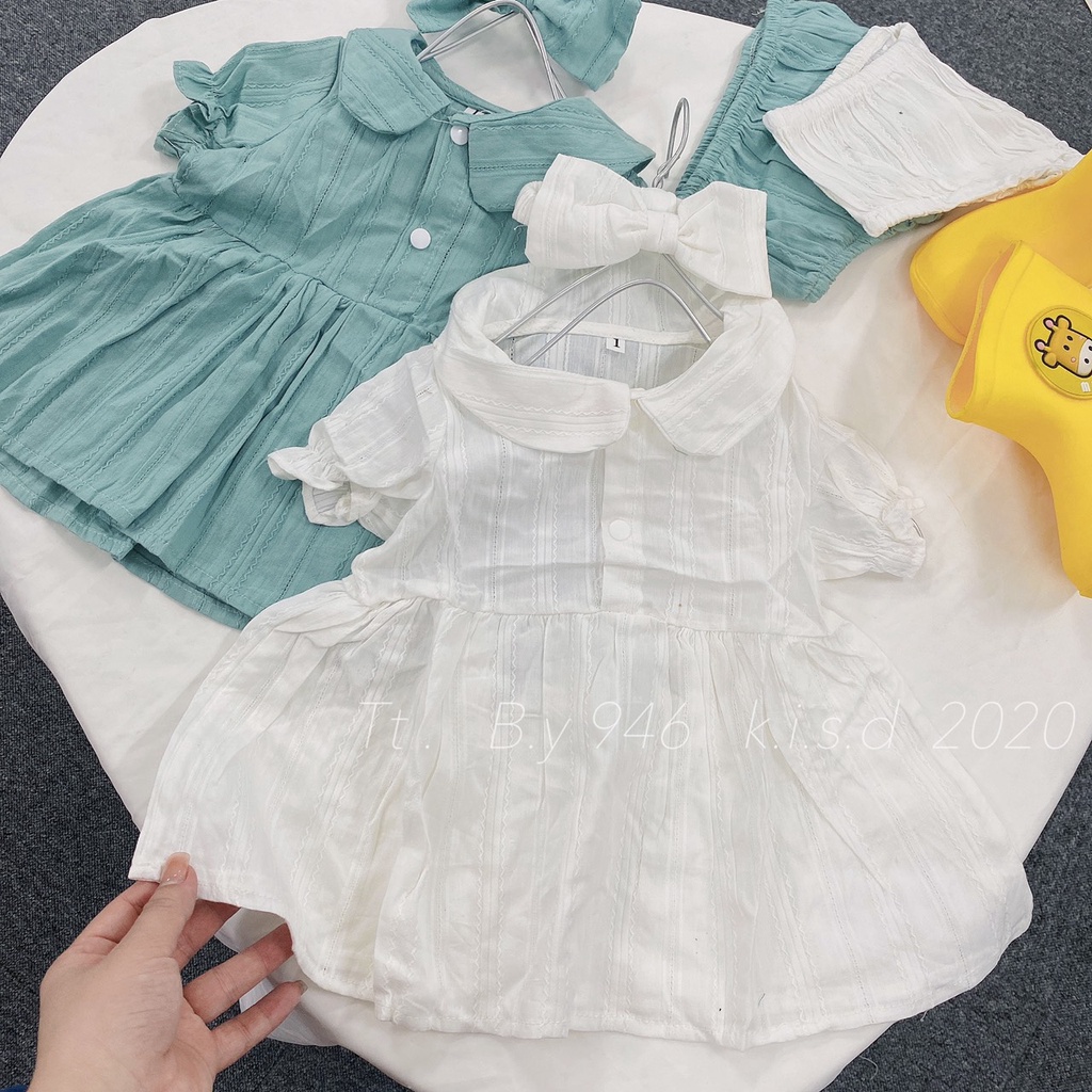 Set áo váy bé gái kèm quần chip và nơ đội đầu