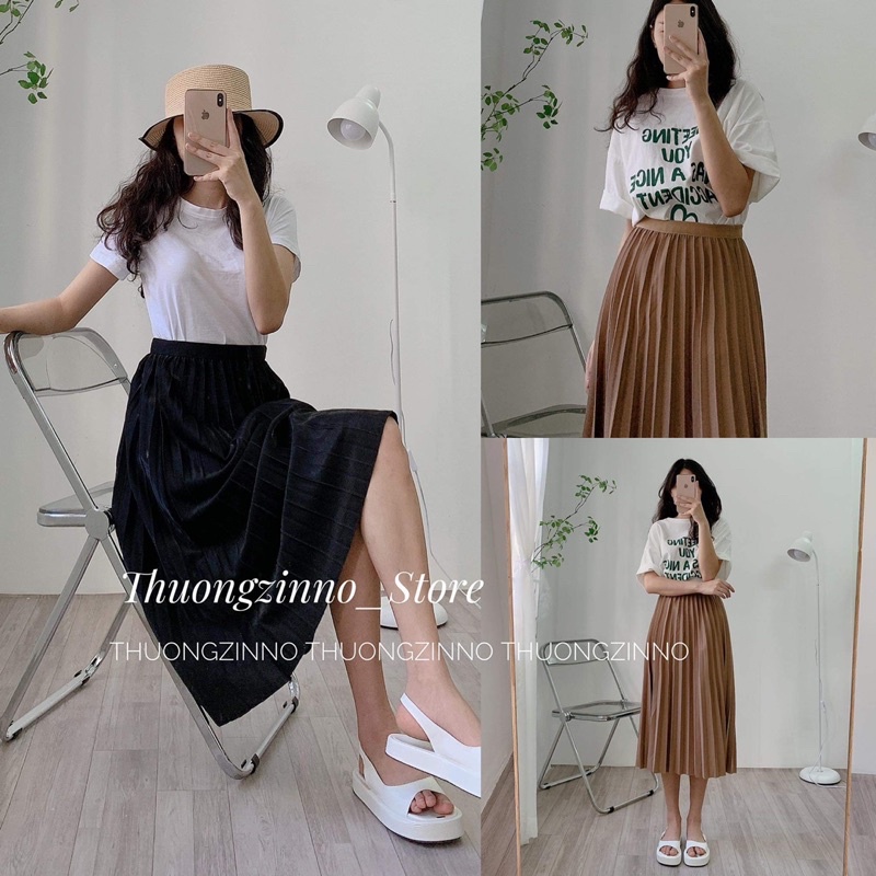 [Ảnh thật/Video] Chân váy midii xếp li nhẹ nhàng tiểu thư Chân váy dài chun eo Quảng Châu