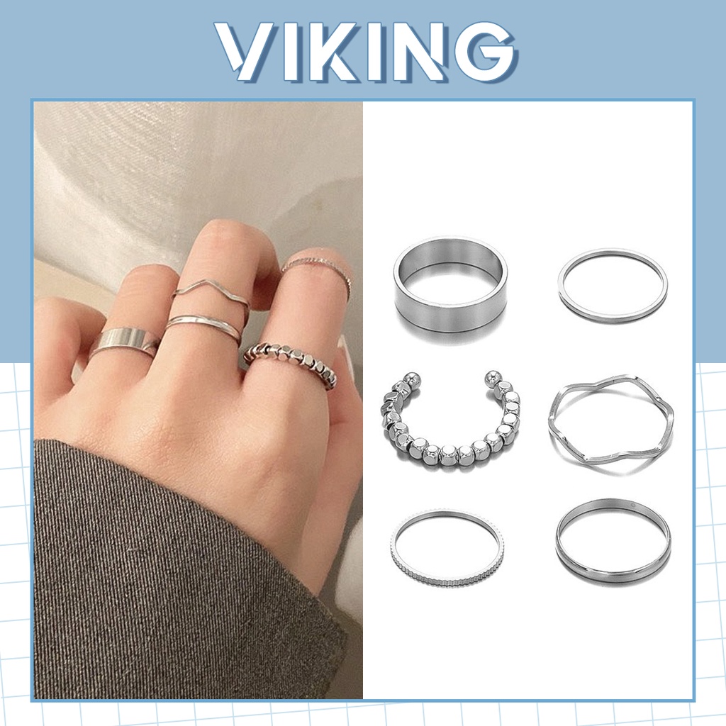 Set Nhẫn Nữ 6 Chiếc Midi Thép Không Gỉ Họa Tiết Tổ Ong Thời Trang