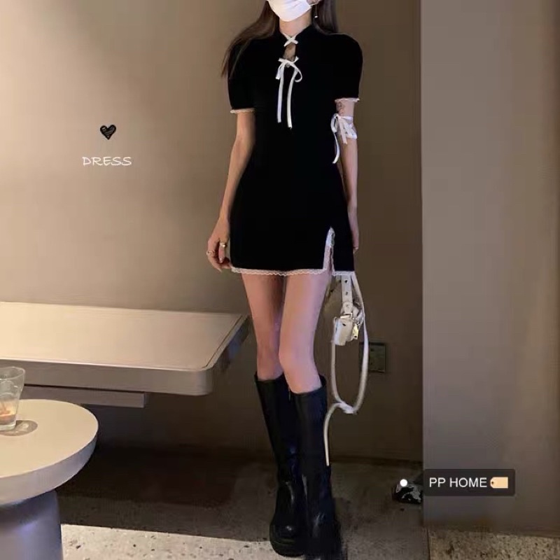 Đầm Kì Bào Thắt Nơ Viền Ren Tay Bầu Ulzzang 1398