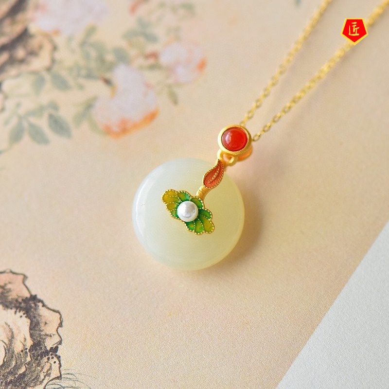 Nhẫn/ Đôi khuyên tai/ Dây chuyền/ Vòng đeo tay mặt đá ngọc bích họa tiết lá sen phong cách retro thời trang