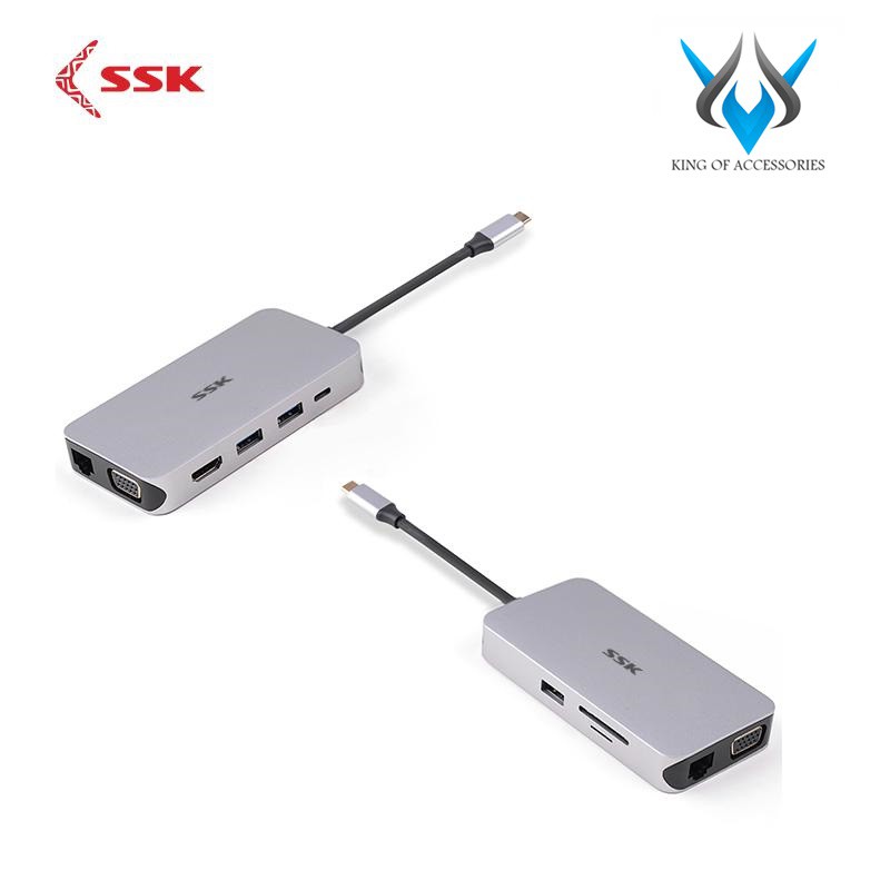 Bộ hub đa năng cổng TypeC ra USB 3.0/Thẻ nhớ/LAN SSK SHU-C520 kèm chức năng xuất HDMI/VGA