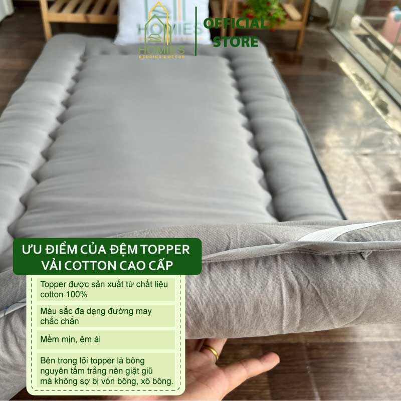 KÈM TÚI XÁCH - Topper Nệm Bông Xuất Nhật HOMIES Bedding & Décor, Đệm Topper Xám Ghi, Tấm làm mềm đệm cotton