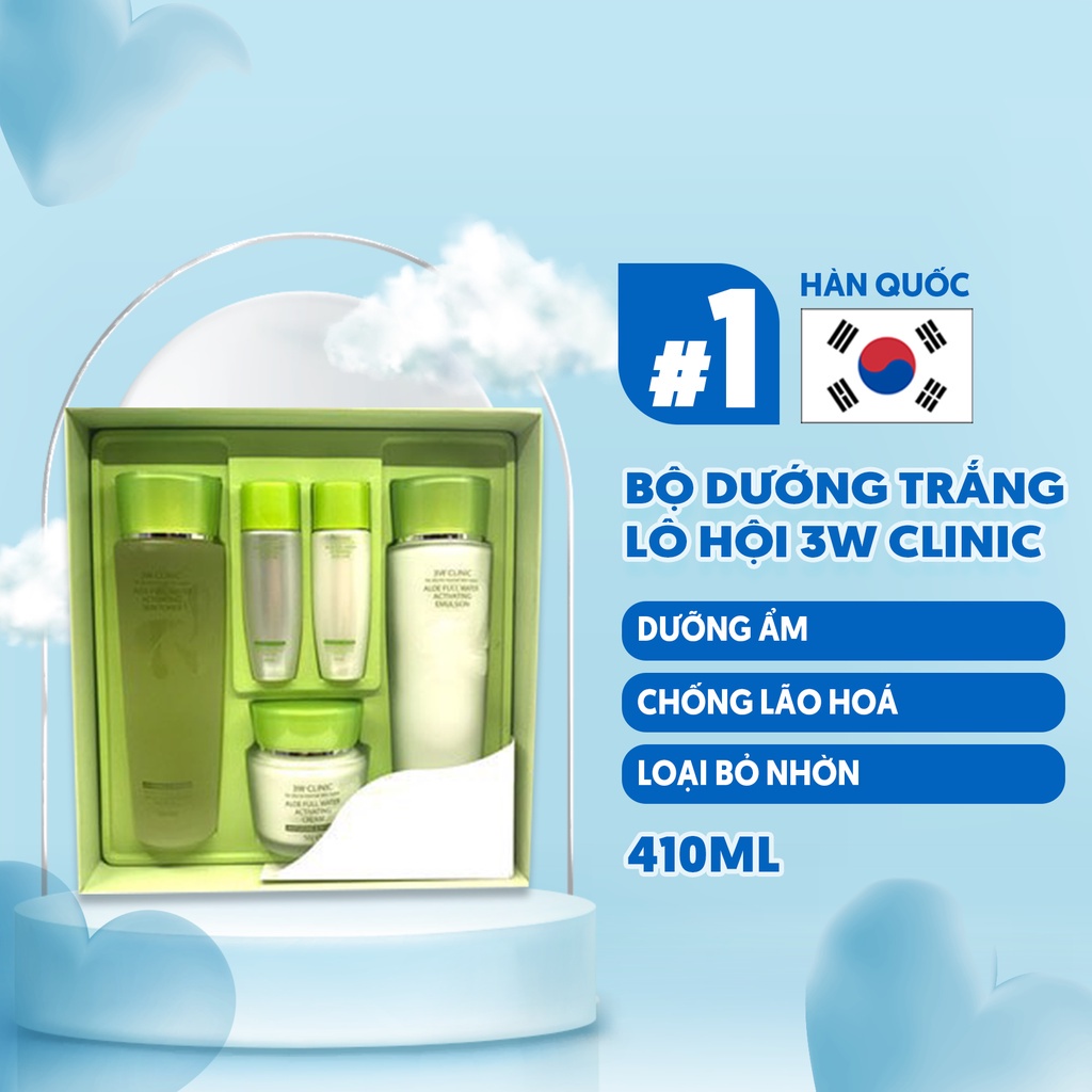 Bộ Dưỡng Trắng Da Cấp Nước Tinh Chất Lô Hội 3W CLINIC Aloe Full Water Activating Skin Cả 3 Set - 3W138