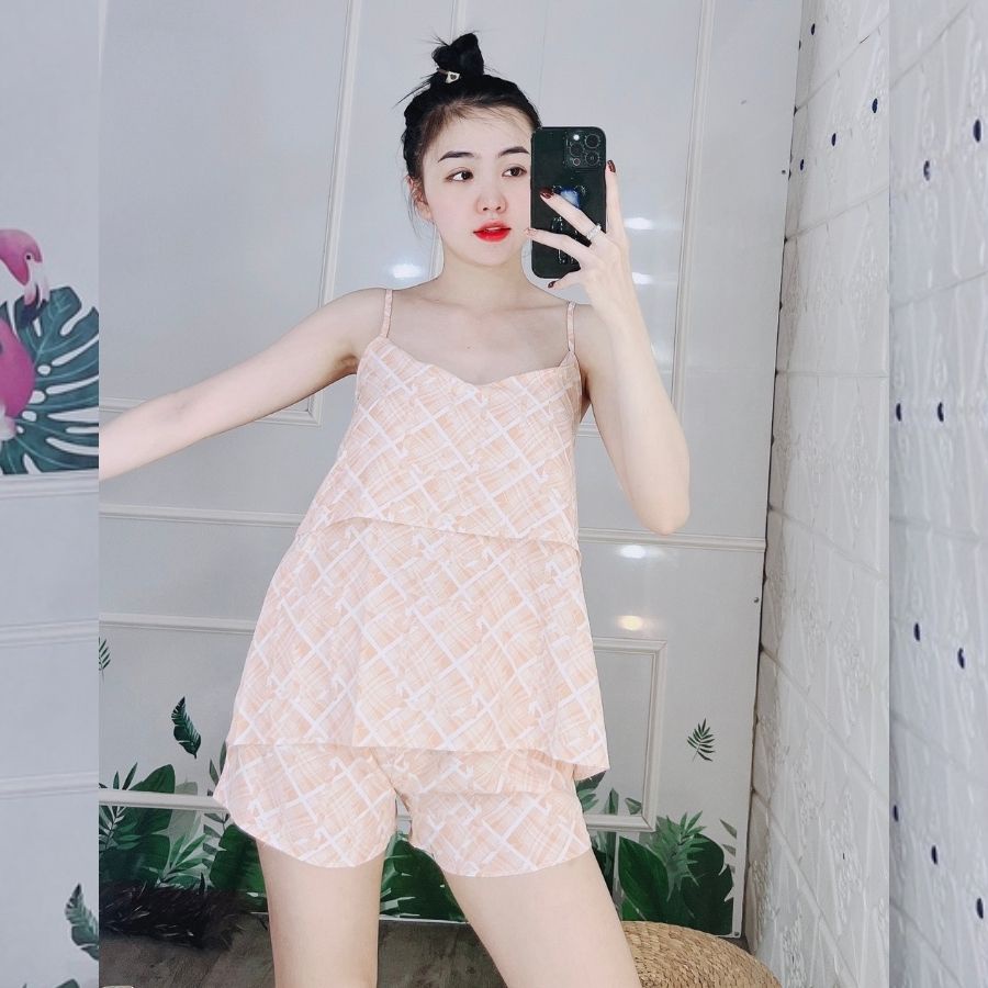 Đồ bộ pijama nữ 2 dây tay bèo pyjama lụa 100D bộ ngủ mặc nhà sexy quần đùi cute dễ thương cao cấp  ESHOP PM04