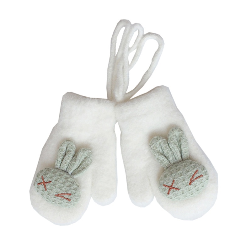 1 Đôi Găng Tay Vải Lông Dày Giữ Ấm Mùa Đông In Họa Tiết Thỏ Hoạt Hình Có Dây Đeo Cho Bé