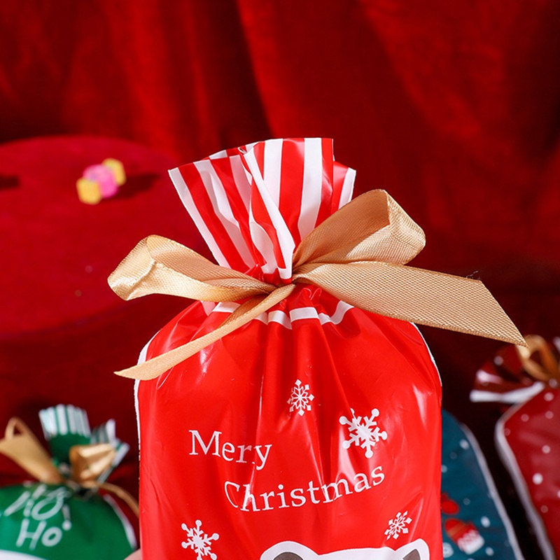 Set 10 Túi Nhựa Đựng Bánh Kẹo Họa Tiết Giáng Sinh Kèm Dây Ruy Băng / Ông Già Noel